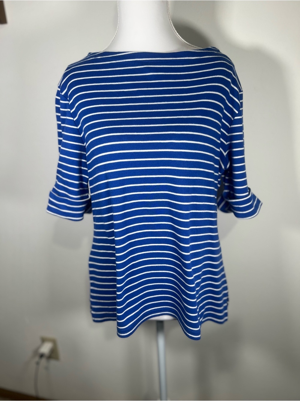 Karen Scott Blue and White Striped Boatneck Short Sleeve Top